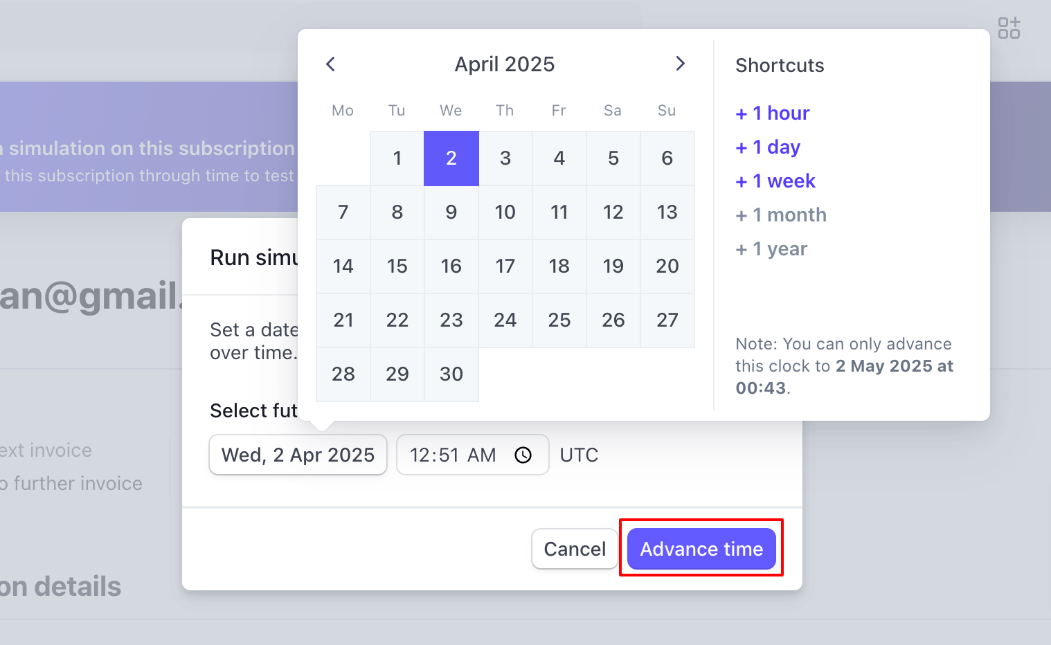 Stripe simulation advance time