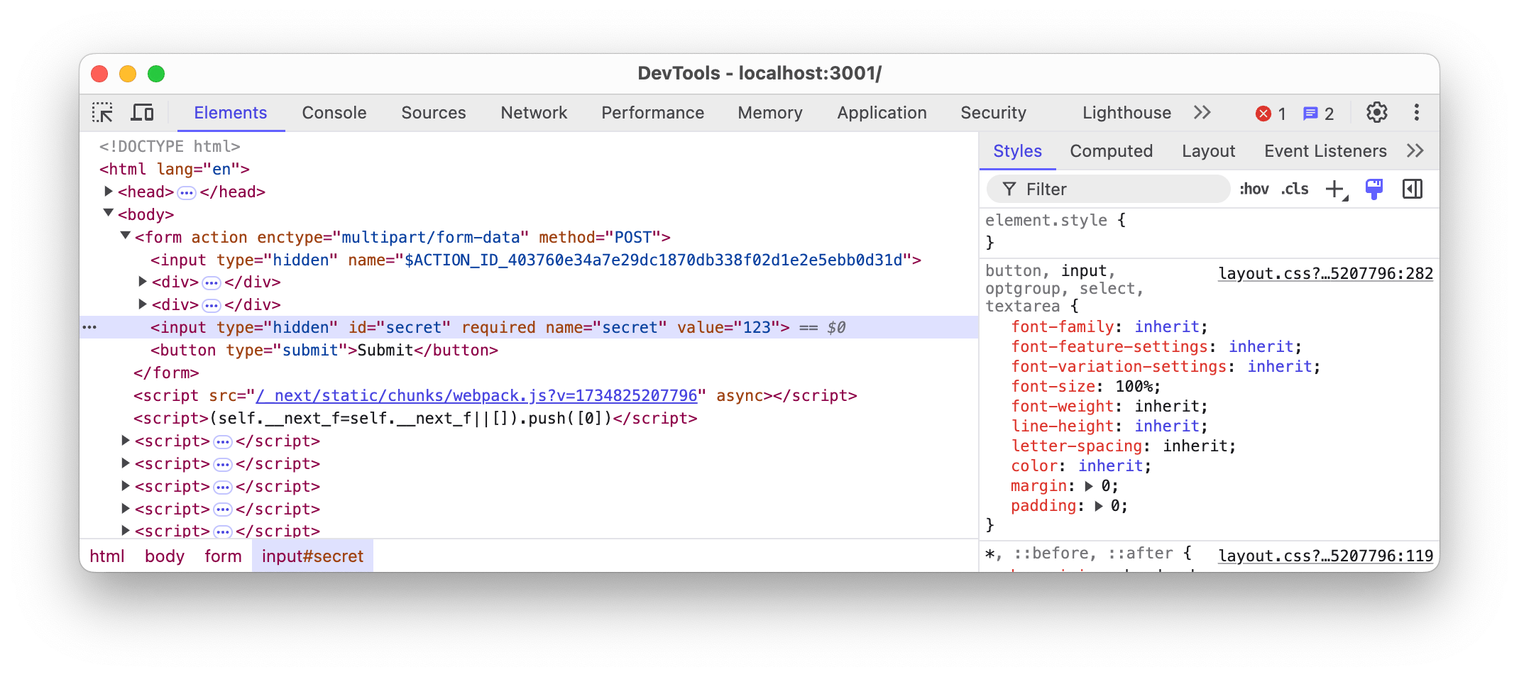 Hidden input field accessible from source code