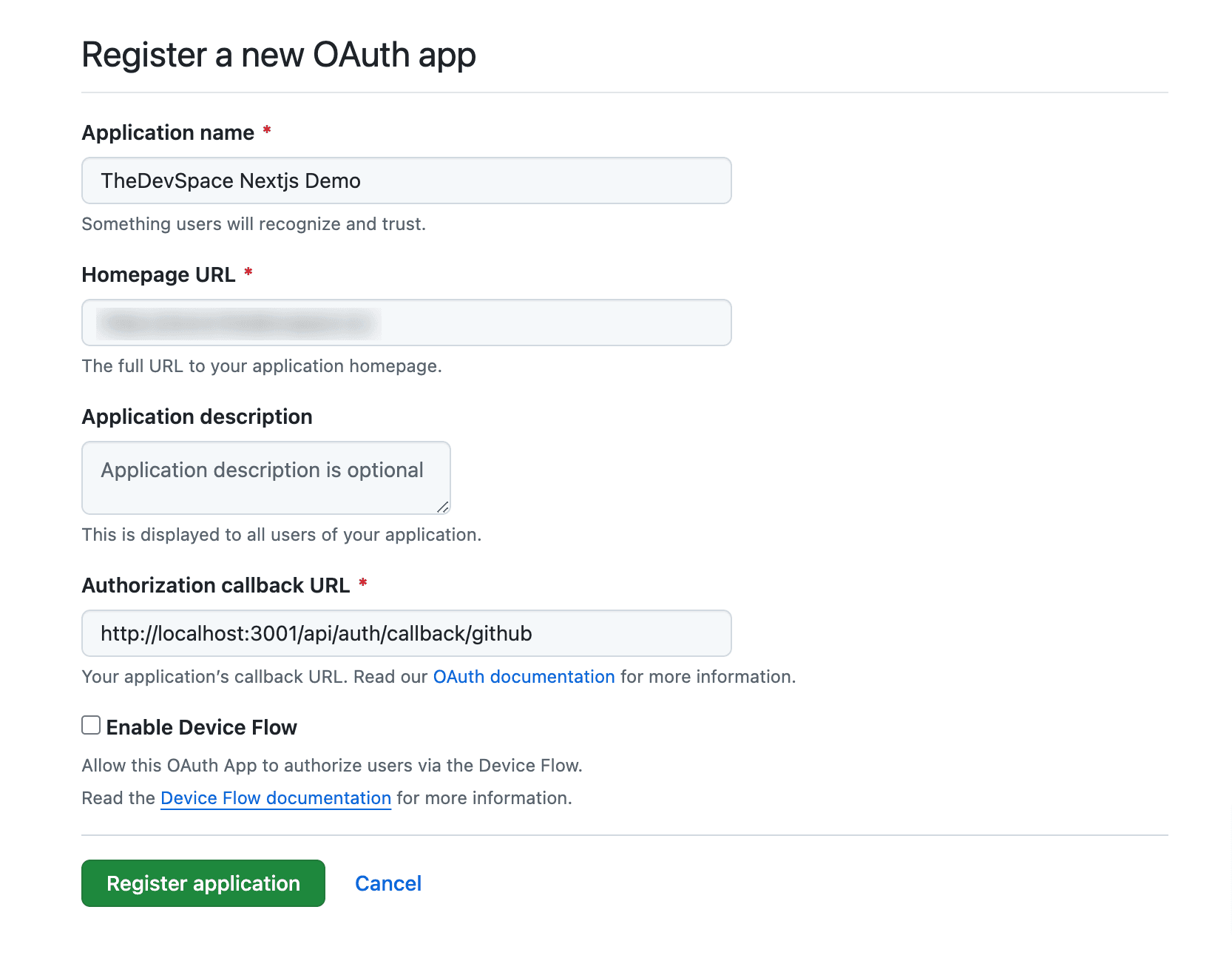 GitHub Register New OAuth App