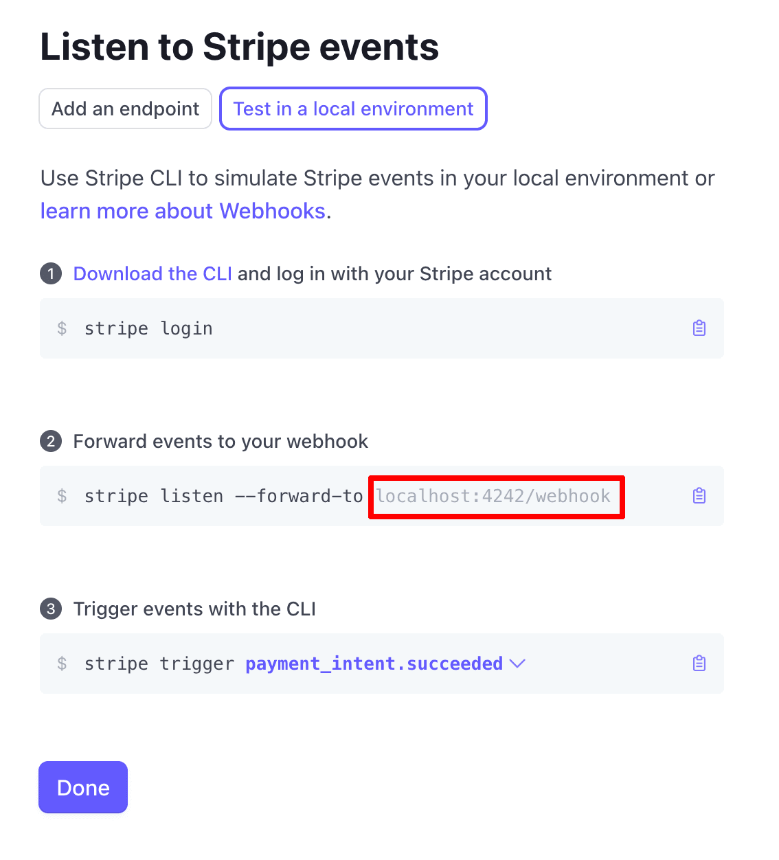 Stripe webhook add local listener steps