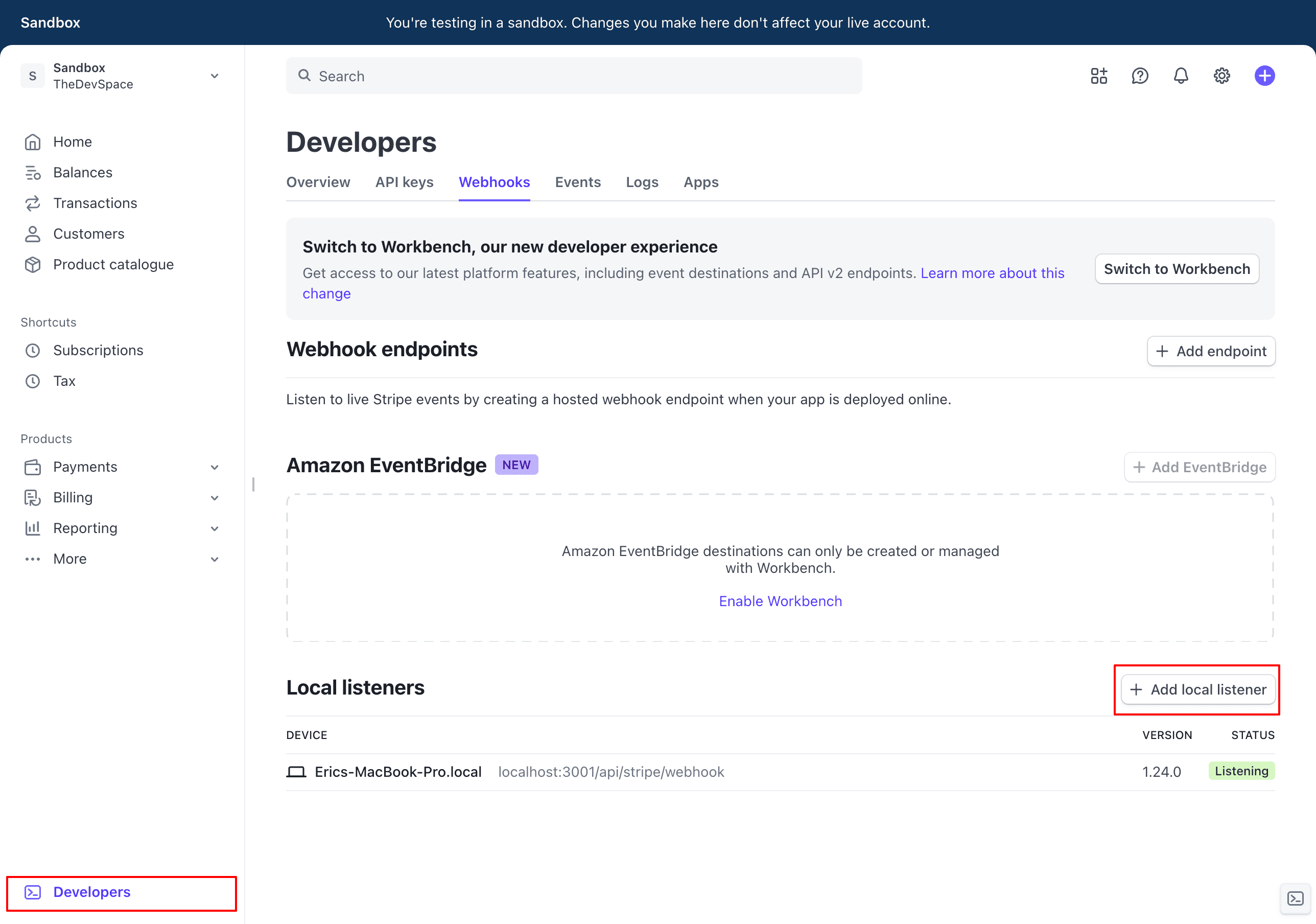 Stripe webhook add local listener